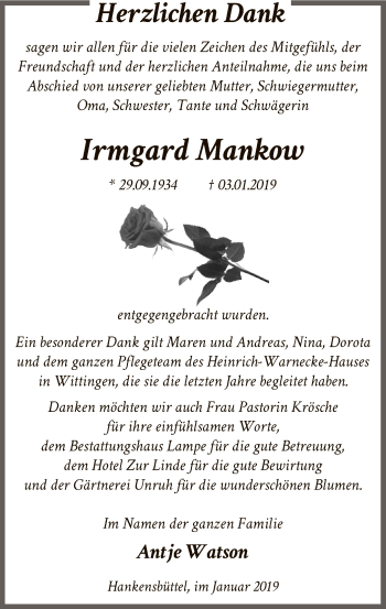 Traueranzeige von Irmgard Mankow von Uelzen