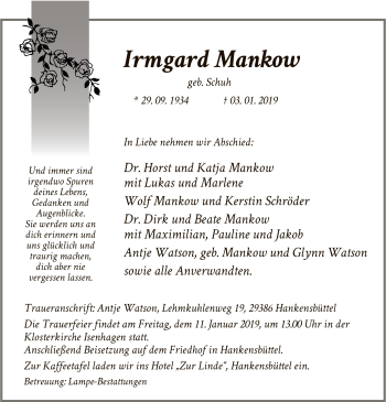 Traueranzeige von Irmgard Mankow von Uelzen