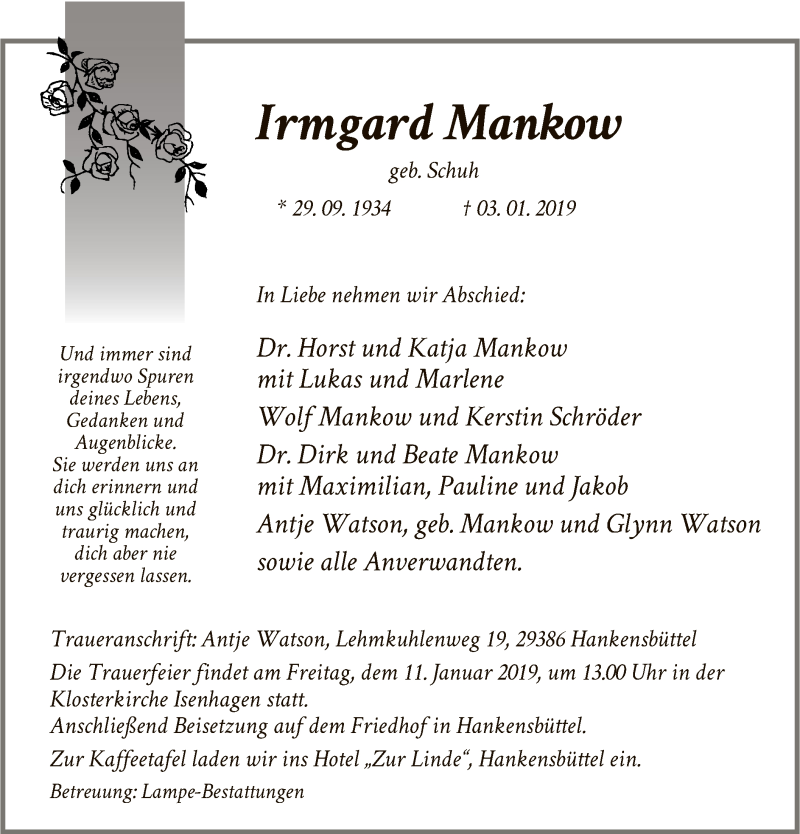  Traueranzeige für Irmgard Mankow vom 08.01.2019 aus Uelzen