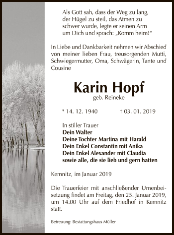 Traueranzeige von Karin Hopf von Uelzen