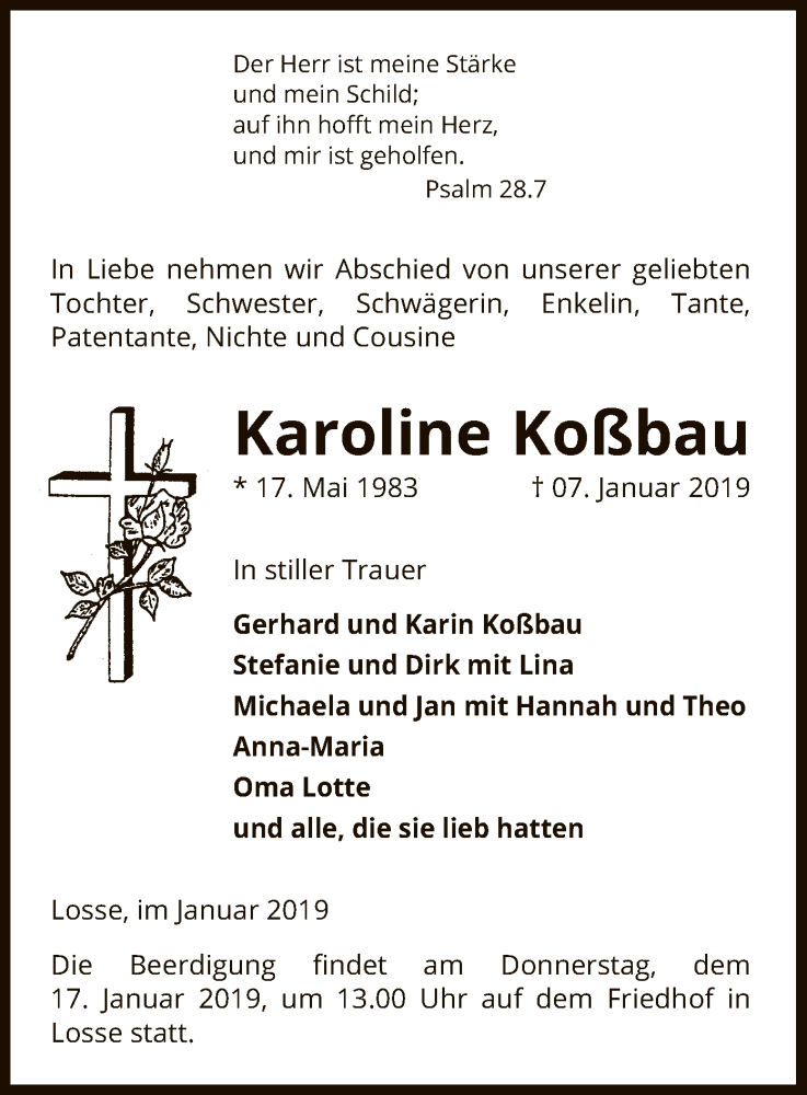  Traueranzeige für Karoline Koßbau vom 12.01.2019 aus Uelzen