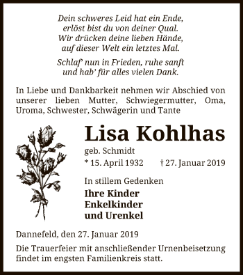 Traueranzeige von Lisa Kohlhas von Uelzen