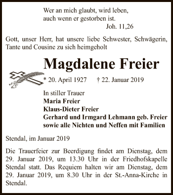 Traueranzeige von Magdalene Freier von Uelzen