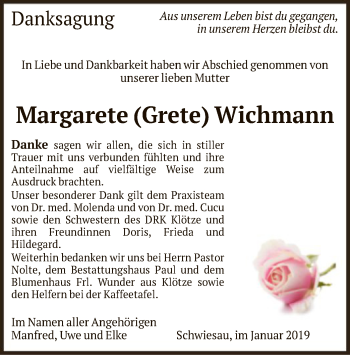 Traueranzeige von Margarete Wichmann von Uelzen