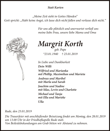 Traueranzeige von Margrit Korth von Uelzen