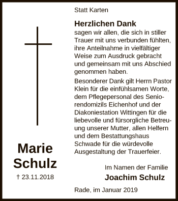 Traueranzeige von Marie Schulz von Uelzen