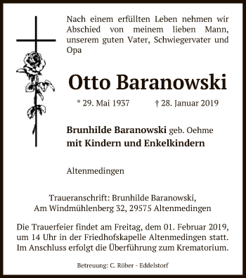 Traueranzeige von Otto Baranowski von Uelzen