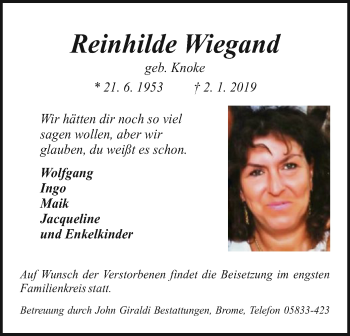 Traueranzeige von Reinhilde Wiegand von Uelzen