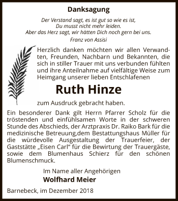 Traueranzeige von Ruth Hinze von Uelzen