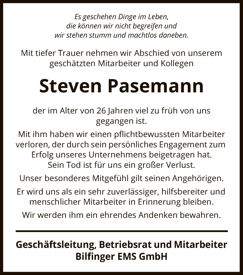  Traueranzeige für Steven Pasemann vom 19.01.2019 aus Uelzen
