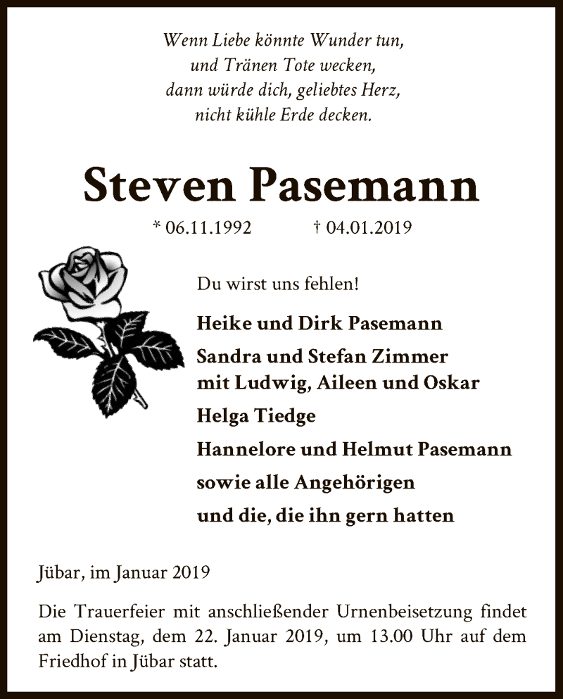  Traueranzeige für Steven Pasemann vom 11.01.2019 aus Uelzen