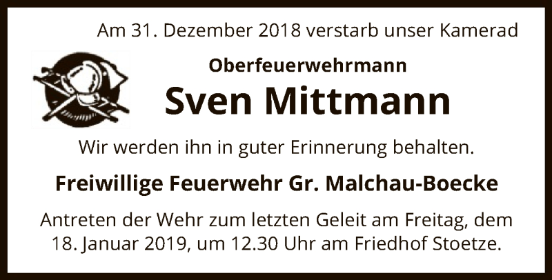  Traueranzeige für Sven Mittmann vom 12.01.2019 aus Uelzen