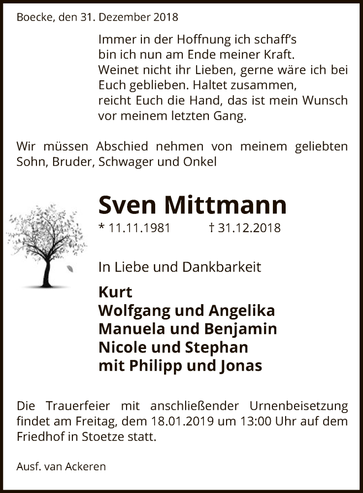  Traueranzeige für Sven Mittmann vom 12.01.2019 aus Uelzen