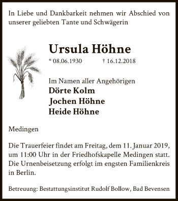 Traueranzeige von Ursula Höhne von Uelzen