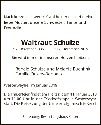 Traueranzeige von Waltraut Schulze von Uelzen