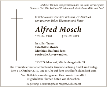 Traueranzeige von Alfred Mosch von Uelzen