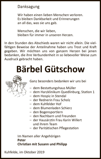 Traueranzeige von Bärbel Gütschow von Uelzen