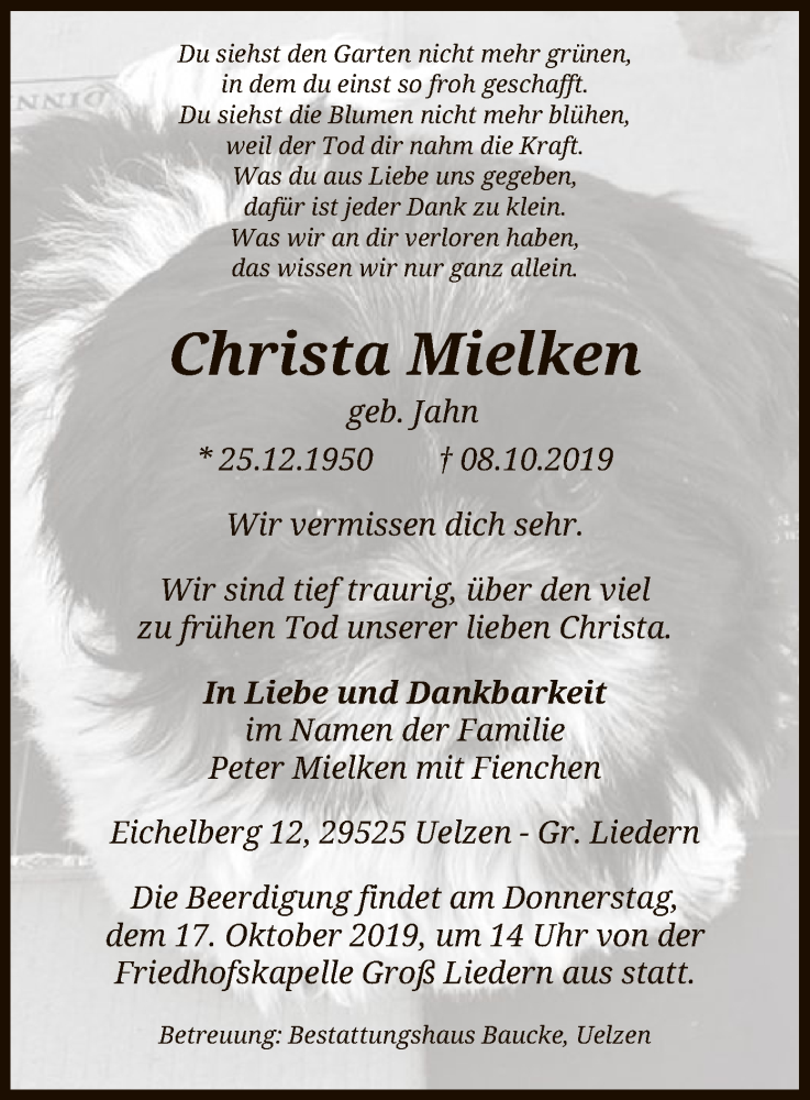  Traueranzeige für Christa Mielken vom 12.10.2019 aus Uelzen