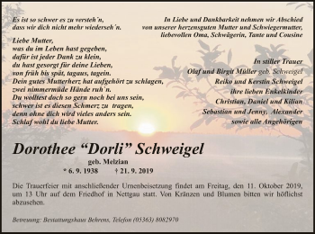 Traueranzeige von Dorothee Schweigel von Uelzen