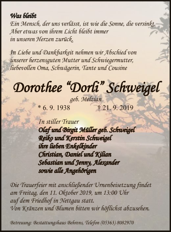 Traueranzeige von Dorothee Schweigel von Uelzen