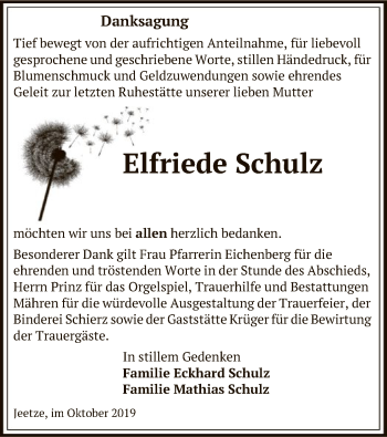 Traueranzeige von Elfriede Schulz von Uelzen