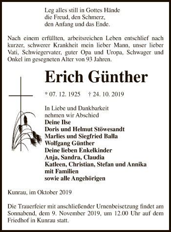 Traueranzeige von Erich Günther von Uelzen