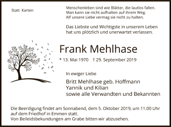 Traueranzeige von Frank Mehlhase von Uelzen