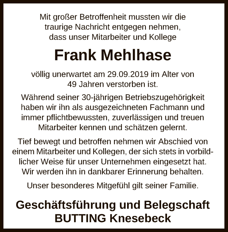  Traueranzeige für Frank Mehlhase vom 04.10.2019 aus Uelzen