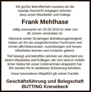 Traueranzeige von Frank Mehlhase von Uelzen