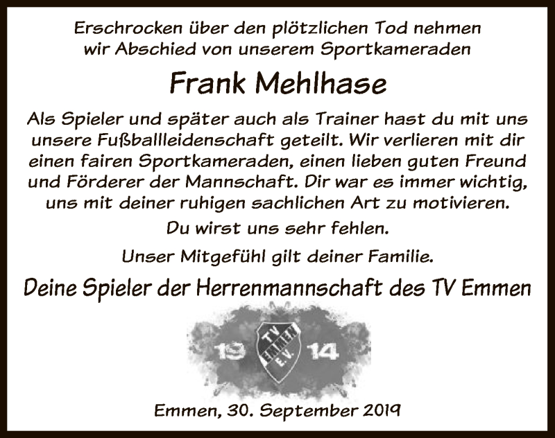  Traueranzeige für Frank Mehlhase vom 04.10.2019 aus Uelzen