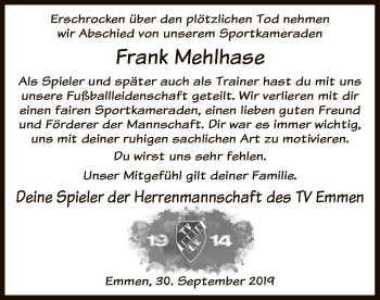 Traueranzeige von Frank Mehlhase von Uelzen