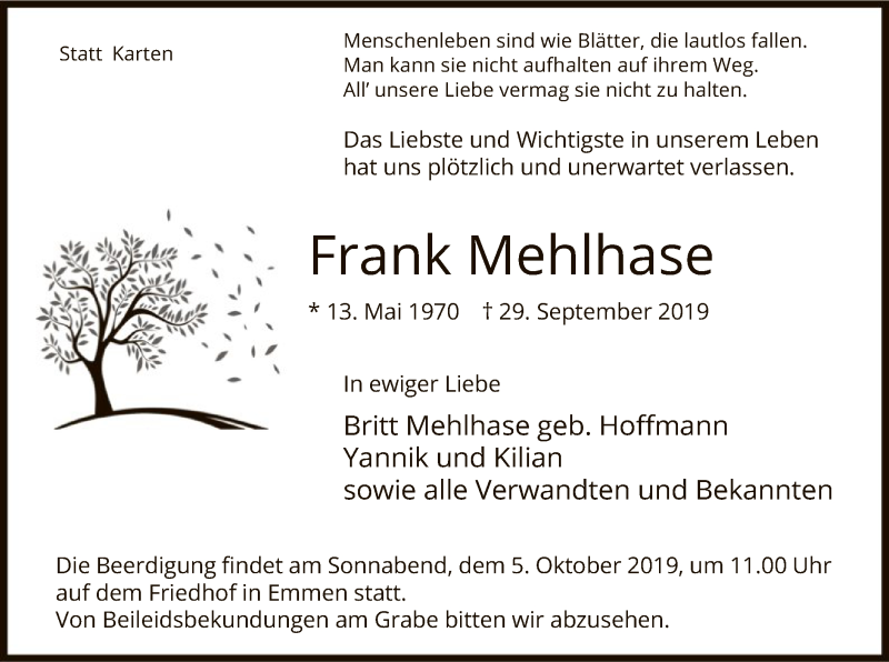  Traueranzeige für Frank Mehlhase vom 02.10.2019 aus Uelzen