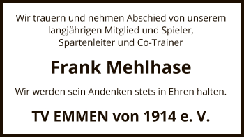 Traueranzeige von Frank Mehlhase von Uelzen