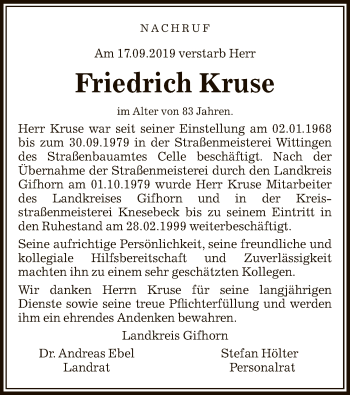 Traueranzeige von Friedrich Kruse von Uelzen