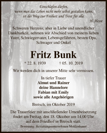 Traueranzeige von Fritz Bunk von Uelzen