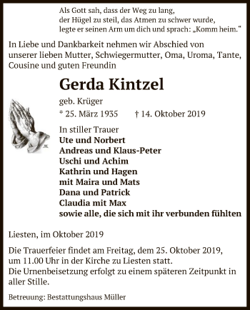 Traueranzeige von Gerda Kintzel von Uelzen