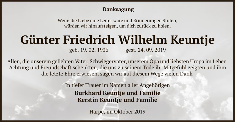  Traueranzeige für Günter Friedrich Wilhelm Keuntje vom 11.10.2019 aus Uelzen