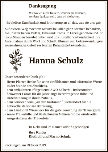 Traueranzeige von Hanna Schulz von Uelzen