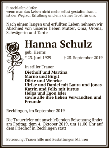 Traueranzeige von Hanna Schulz von Uelzen