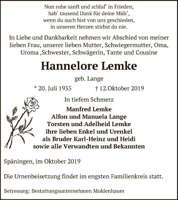 Traueranzeige von Hannelore Lemke von Uelzen