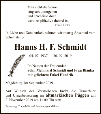 Traueranzeige von Hanns H. F. Schmidt von Uelzen