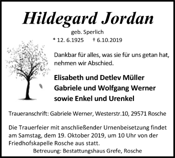 Traueranzeige von Hildegard Jordan von Uelzen