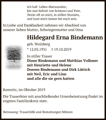 Traueranzeige von Hildegard Erna Bindemann von Uelzen