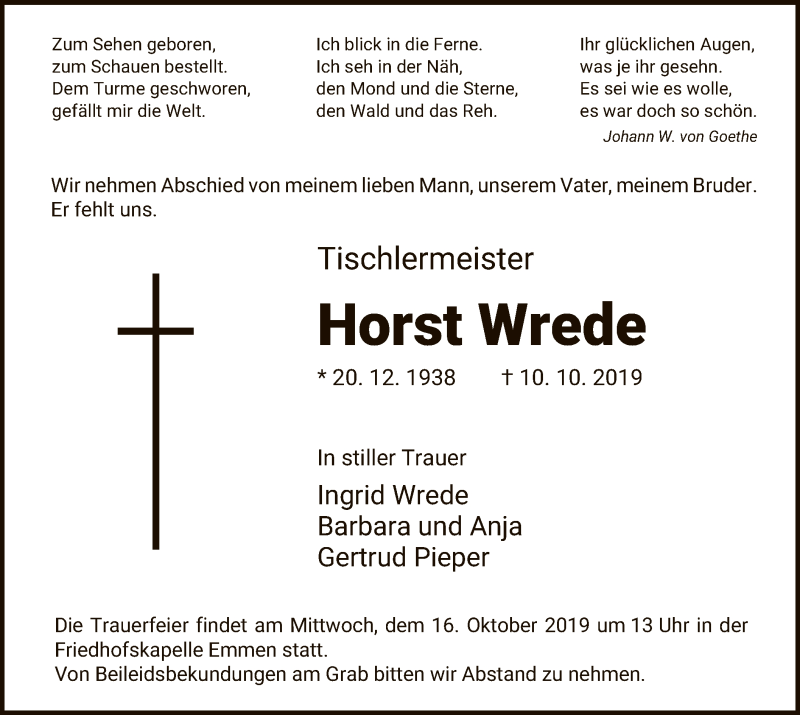  Traueranzeige für Horst Wrede vom 12.10.2019 aus Uelzen