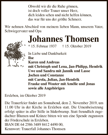 Traueranzeige von Johannes Thomsen von Uelzen