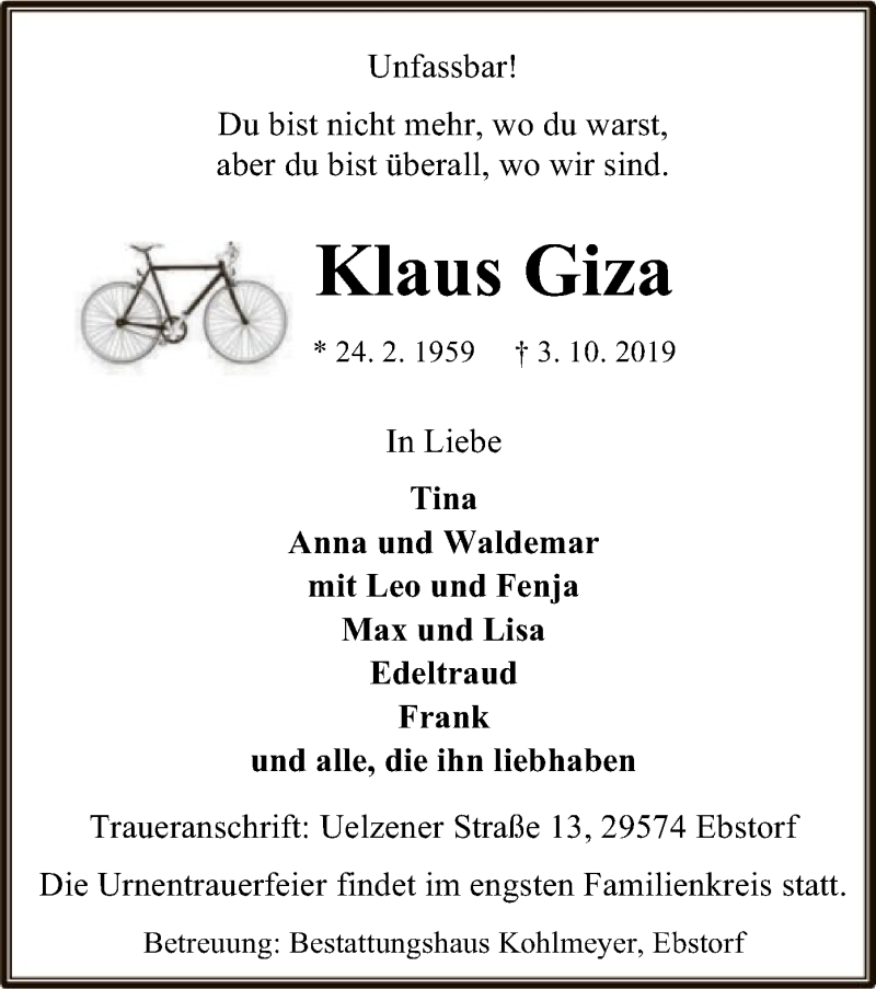  Traueranzeige für Klaus Giza vom 05.10.2019 aus Uelzen