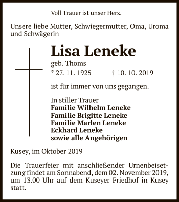 Traueranzeige von Lisa Leneke von Uelzen