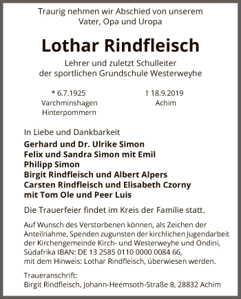 Traueranzeige von Lothar Rindfleisch von Uelzen