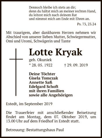 Traueranzeige von Lotte Kryak von Uelzen