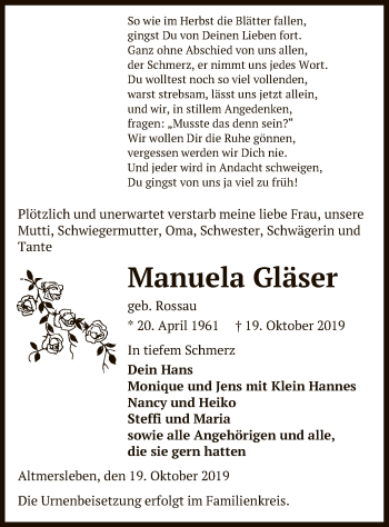 Traueranzeige von Manuela Gläser von Uelzen